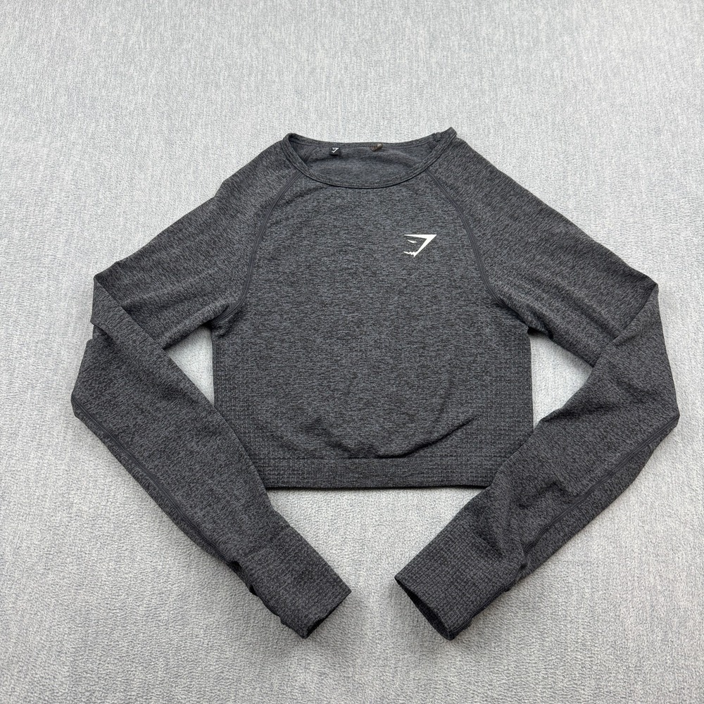 Gymshark Crop Top Small Gray Vital 2.0 Long Sleeve‎ Thumb Loops Active Gym Yoga